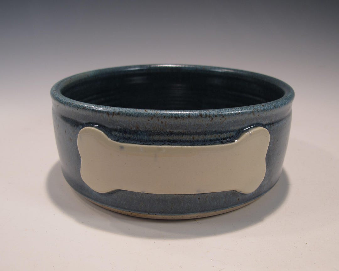 Handmade Pottery Dog Bowl: Blue Speckled Stoneware, Personalizable Bone ...