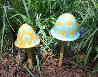 Garden mushrooms, Set of 2 ceramic toadstools, garden art, gift for gardeners, blue and orange set