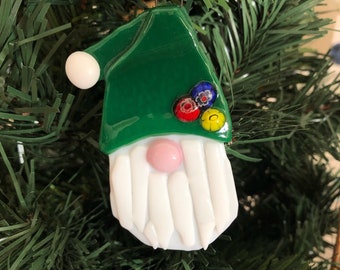 Garden Gnome Christmas Tree Glass Ornament with Hat, Pink Nose, and Beard - Handmade - In Stock