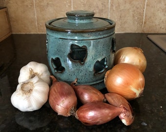 Onion Garlic Shallot Jar Keeper Storage Blue Green Leaf Cutouts - Handmade Pottery - In Stock