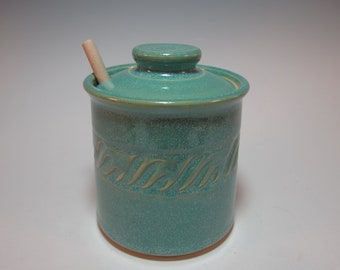 Honey Jar Honey Pot Handmade Pottery with Honey Dipper Aqua - Large