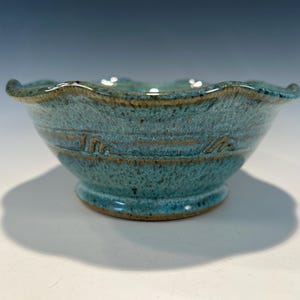 Pottery Serving Bowl with Wavy Rim, Carved - Salad Soup Side Dish Server - Handmade