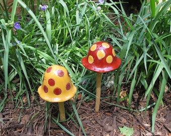 Garden mushrooms, Set of 2 ceramic toadstools, garden art, gift for gardeners, red yellow set