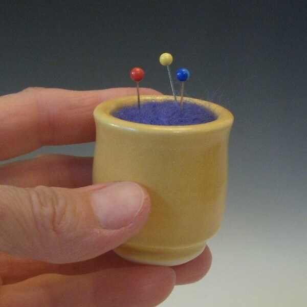 Itty Bitty Yellow Pin Cushion - Pottery with Needle Felted Wool