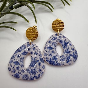 Floral Blue and White Pattern Gold Modern Polymer Clay Statement Earrings Santorini Inspired