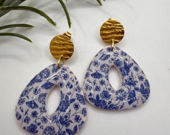 Floral Blue and White Pattern Gold Modern Polymer Clay Statement Earrings Santorini Inspired