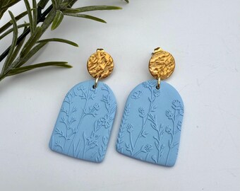 Raised Floral Embossed Statement Polymer Clay Earrings Gold and Sky Blue Lightweight