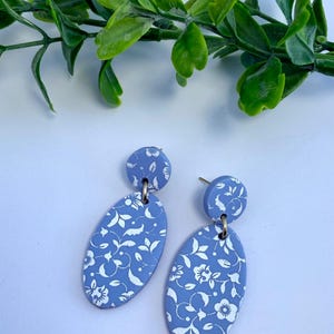 Floral Statement Polymer Clay Earrings White and Sky Blue Lightweight