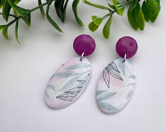 Polymer Clay Patterned Statement Earrings Dusty Purple, White and Botanical