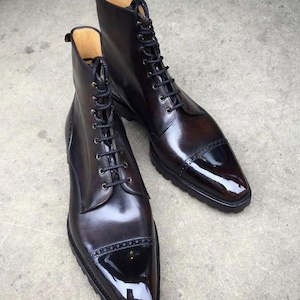 Men's handmade genuine black leather ankle high long marching boots