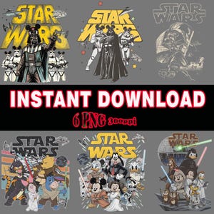 Könnte beinhalten: Eine Sammlung von sechs digitalen PNG-Downloads zum Thema Star Wars. Die Designs zeigen Darth Vader, Sturmtruppen und verschiedene Disney-Charaktere in Star Wars-Umgebungen. Der Text "INSTANT DOWNLOAD" ist prominent dargestellt.