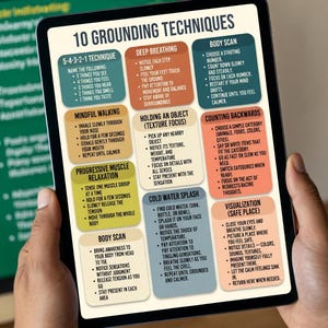 Arkusz ściągawek z technikami uziemienia, poradnik łagodzenia lęku, zarządzanie stresem, ćwiczenia uważności, regulacja emocji, kącik uspokajający