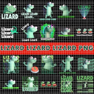 May include: A collection of green cartoon lizard graphics with the word "Lizard" in various fonts. The images are on a black grid background with red and green text. Some lizards are waving.