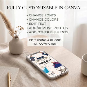 May include: A smartphone displays a custom design with the text "THE HELEN FAMILY" and cartoon characters. The phone is on a wooden surface next to a vase with dried flowers. Text on the image says "FULLY CUSTOMIZABLE IN CANVA".