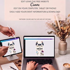 May include: An editable template design on a laptop and tablet, with the text "EDITABLE TEMPLATE" and "Canva". The design features a family illustration with the text "THE HELEN FAMILY". A person is using a stylus on the tablet.