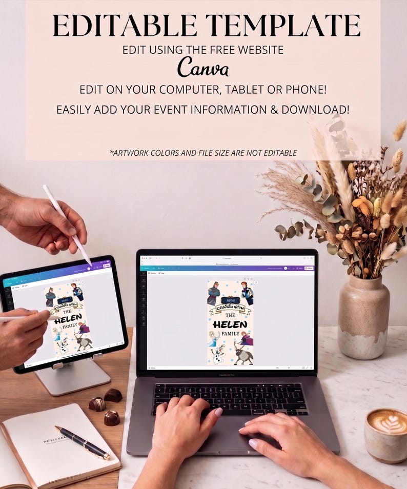 May include: An editable template design on a laptop and tablet, with the text "EDITABLE TEMPLATE" and "Canva". The design features a family illustration with the text "THE HELEN FAMILY". A person is using a stylus on the tablet.