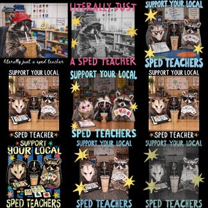 Puede incluir: Un collage digital que presenta múltiples escenas de mapaches, zarigüeyas y mofetas en entornos de aula. Los animales usan gafas de sol y sostienen café helado o materiales educativos. El texto incluye "LITERALLY JUST A SPED TEACHER" y "SUPPORT YOUR LOCAL SPED TEACHERS" con acentos de estrellas amarillas.