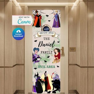 Kryssningsdörrbanderoll | Kryssningsdekor | Personlig kryssningsdörrdekor | Canva-mall | Ondskan | Disney-skurkar | Redigerbar mall