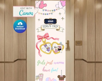 Banner para la puerta del crucero / Decoración para cruceros / Decoración personalizada para la puerta del crucero / Plantilla de Canva / Disney Girls / Viaje de chicas / Editable