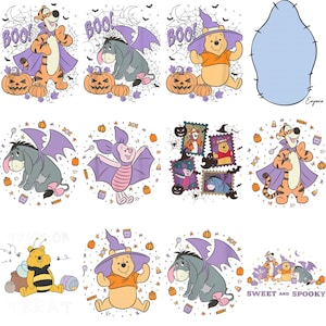 Puede incluir: Una colección de ilustraciones con temática de Halloween que presentan a personajes de Winnie the Pooh como Tigger, Igor y Piglet disfrazados de murciélagos, abejas y magos, rodeados de calabazas, dulces, telarañas y los textos BOO y SWEET AND SPOOKY.