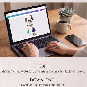 May include: A laptop displaying a family-themed design with the text "THE HELEN FAMILY". The screen shows a design with cartoon characters. The image also includes a coffee mug, a succulent plant, and a smartphone.
