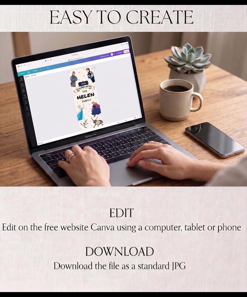 May include: A laptop displaying a family-themed design with the text "THE HELEN FAMILY". The screen shows a design with cartoon characters. The image also includes a coffee mug, a succulent plant, and a smartphone.