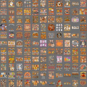 Op de afbeelding: Een digitale collectie van talloze herfstthema grafische ontwerpen met pompoenen, geesten, kalkoenen en schoolgerelateerde teksten zoals 'Fall in Love with Learning', 'Teacher' en 'Thankful' in een raster op een grijze achtergrond.
