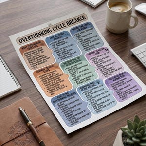 Puede incluir: Un póster titulado "Overthinking Cycle Breaker" con cuadros de texto y diagramas coloridos. El póster está sobre un escritorio de madera con una taza de café, un cuaderno, un bolígrafo y una pequeña planta suculenta.