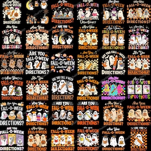 May include: A collection of thirty-six graphic designs featuring cartoon ghosts, pumpkins, and school supplies with the text Are You FALL-O-WEEN DIRECTIONS? The illustrations use orange, black, white, and purple colors in various patterns.