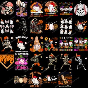 May include: A collection of twenty-five graphic designs featuring baseball-themed illustrations with skeletons, ghosts, pumpkins, and seasonal holiday motifs. The designs include text such as Ballpark Mama, Happy Hallothanksmas, and Just a Ghost Playing Baseball.