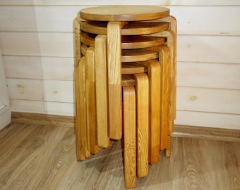 Juego de 6 taburetes de madera de fresno hechos a mano – Madera maciza natural / Acabado al aceite / Asientos minimalistas y duraderos