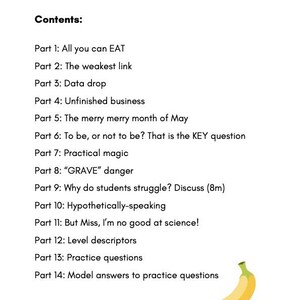 Op de afbeelding: Een witte pagina met de titel "Psychology trip hazards" en een inhoudsopgave, waaronder "All you can EAT" en "The weakest link". Een gele banaan staat in de rechter benedenhoek. Het nummer 2 staat ook in de rechter benedenhoek.