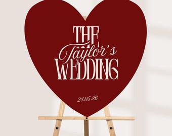 Personalised Wedding Welcome Sign – Elegant Burgundy Heart Board – Custom Surname Wedding Decor