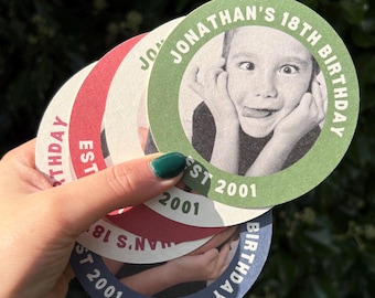 Photo Birthday Coasters, Personalised Birthday Beer Mats, Custom Party Coasters, 18th 21st 30th 40th 50th Birthday Favours