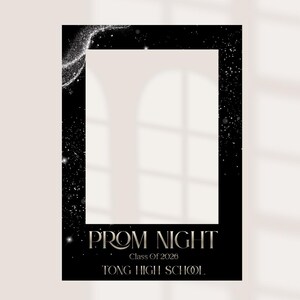 May include: Black photo booth prop with a white centre and a starry border. The words "Prom Night" are displayed in gold lettering, along with "Class Of 2026" and "Tong High School."