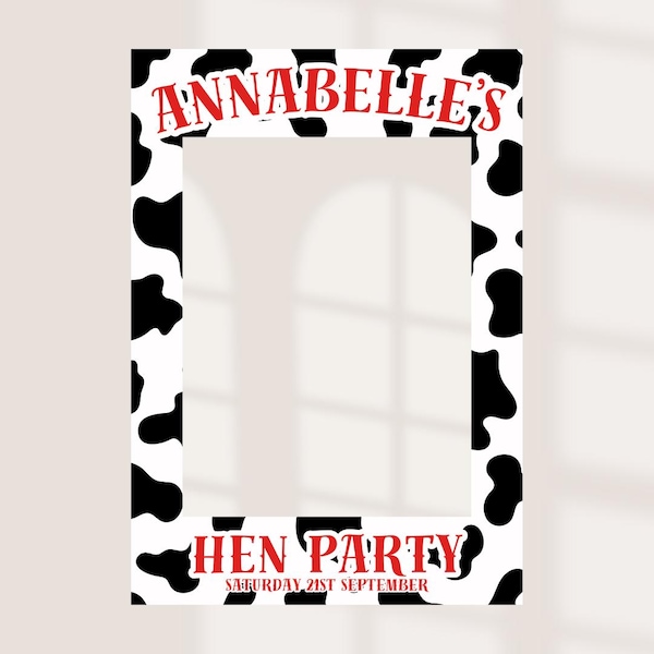 Personalised Cow Print Hen Party Selfie Frame | Last Rodeo Photo Booth Prop | Western Hen Do Decorations | Custom Name & Date