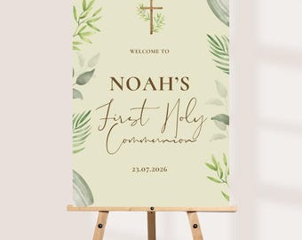 Personalised Printed Sage Green First Holy Communion Welcome Board, Botanical Communion Sign, Custom Church Decor