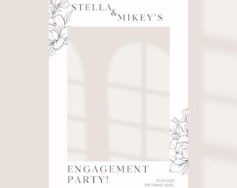 Printed Personalised Engagement Party Selfie Frame – Floral Monochrome Design – Custom Names, Date & Venue – 55x78cm – Foamex Photo Prop