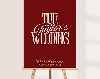 Red Wedding Welcome Board, Personalised Minimalist Wedding Sign, Modern Typography Reception Decor, Custom Names Venue Date