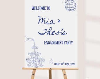Printed Personalised Engagement Party Welcome Sign – Disco Ball Champagne Design – Custom Names & Date – A3 / A2 / A1 – 6 Colours