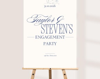 Personalised Engagement Party Welcome Sign | Custom Names Venue & Date | Elegant Blue Botanical Engagement Board | Engagement Party Decor