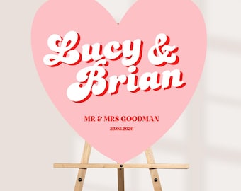 Personalised Retro Heart Wedding Sign, Custom Foam Board Wedding Decor, 70s Inspired Wedding Sign, Groovy Wedding Welcome Board