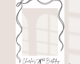 May include: White photo frame with a decorative black line art border and a bow at the top. The text "Charlie's 21st Birthday" is written in a stylish font at the bottom. The words "Font Option 1" are in the bottom right corner.