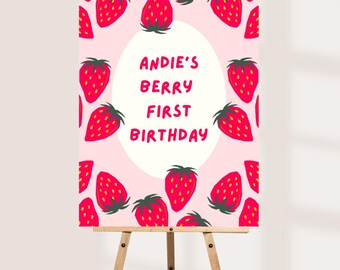 Berry First Birthday Welcome Sign | Personalised Strawberry Party Board | Custom Name | A3 A2 A1 Foam Board | 1st Birthday Girl Party Decor