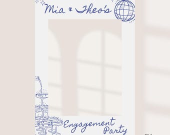 Printed Personalised Engagement Party Selfie Frame – Disco Ball & Champagne Tower Design – Custom Names – 55x78cm – Foamex Photo Prop