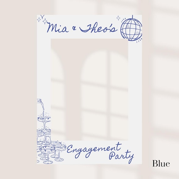 Printed Personalised Engagement Party Selfie Frame – Disco Ball & Champagne Tower Design – Custom Names – 55x78cm – Foamex Photo Prop