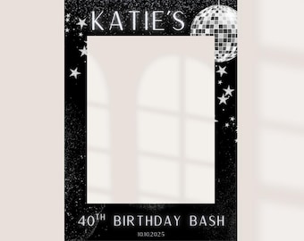 Personalised Disco Birthday Selfie Frame | Black & Silver Sparkle Party Prop | Custom Name, Age + Date | Photo Booth Frame