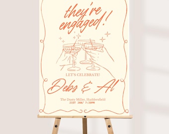 Personalised Engagement Party Sign | Custom Engagement Welcome Board | Modern Minimalist Line Art | Two Design Options | A3, A2 & A1 Sizes