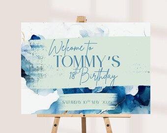 Personalised Birthday Welcome Sign: Blue & Gold Ink Splash Party Decor - Customise Name, Age + Date