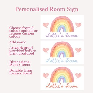May include: Personalized room sign featuring a watercolor rainbow design. The sign includes the text "Lottie's Room" and heart accents. Dimensions are 7 inches x 4 inches. Made of durable 5mm foamex board. Choose from 3 color options or request a custom color.